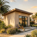 Custom-built ADU with glass doors outdoor seating and fire pit area in a California backyard